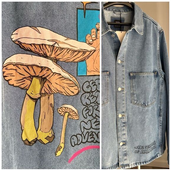 Zara Printed Denim Mens Jacket Overshirt Mashrooms NWT Large Measurements